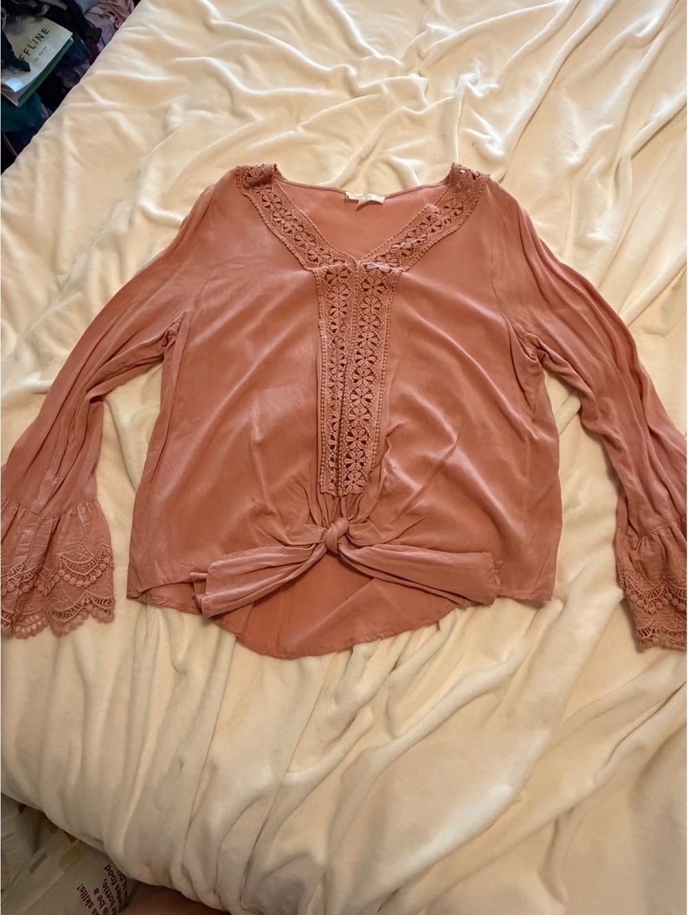 Entro Pink Boho Long Sleeve Blouse with Lace Details and Front Knot